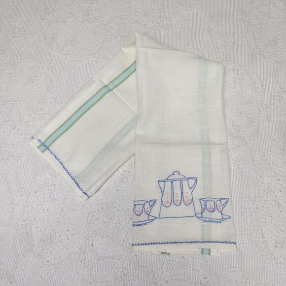 Vintage Decorative Hand Towel Embroidered Tea Set Collectable Kitchen Decor - Picture 1 of 5